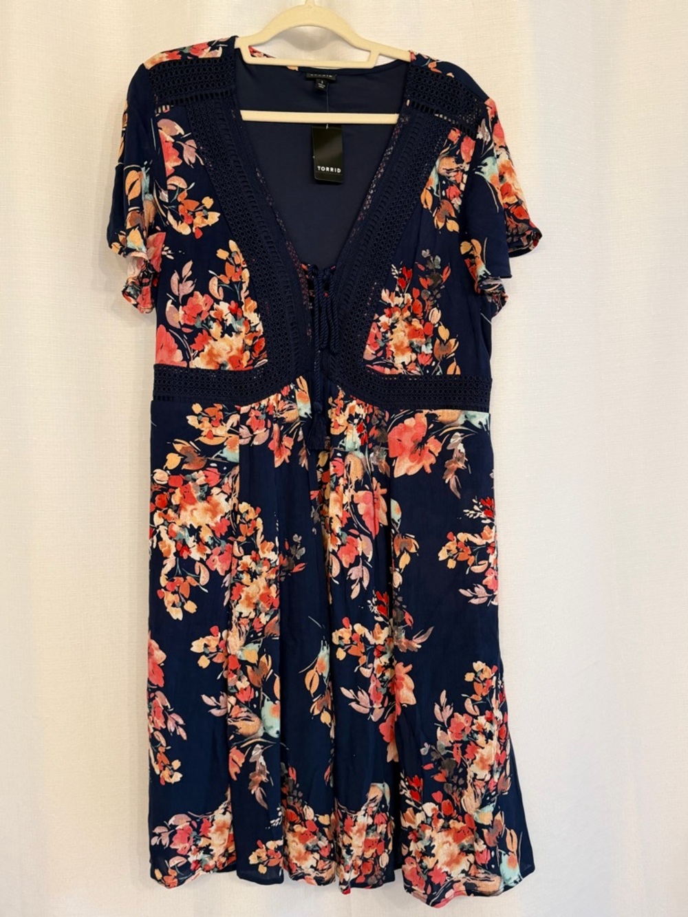 Torrid Floral Gauze Skater Dress Navy Lace Detail 1X Boho Midi